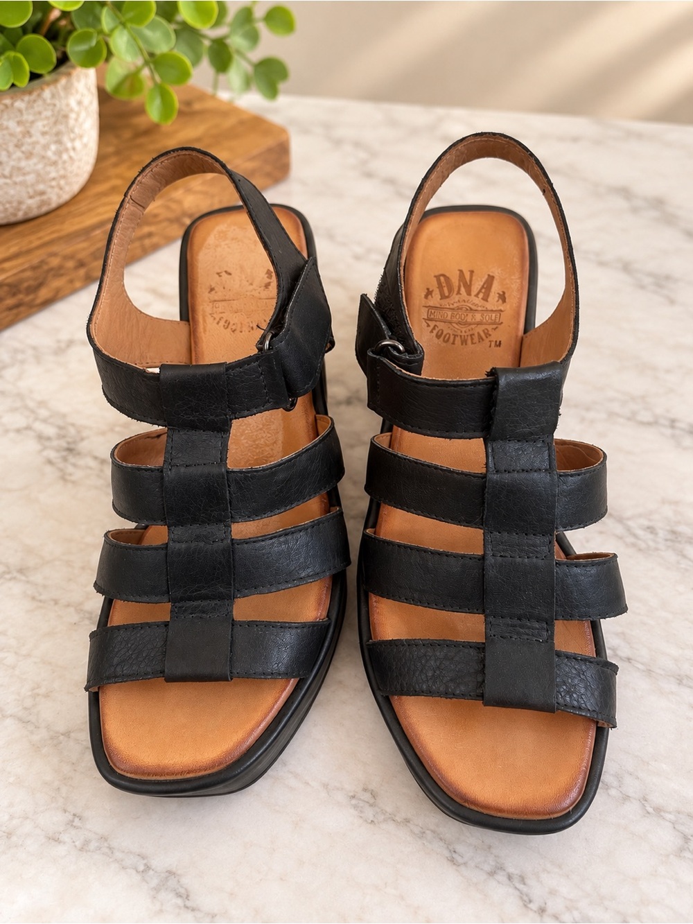 DNA couture Black Strappy Slingback Sandals with Tan Insole